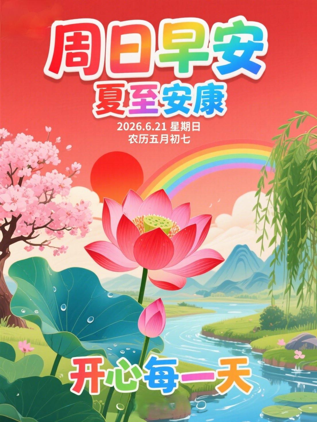 夏至祝福
晓日微升碧荷展，
蜻蜓点水落花间。
晨起寄语祈安健，
夏至悠然福绪绵。