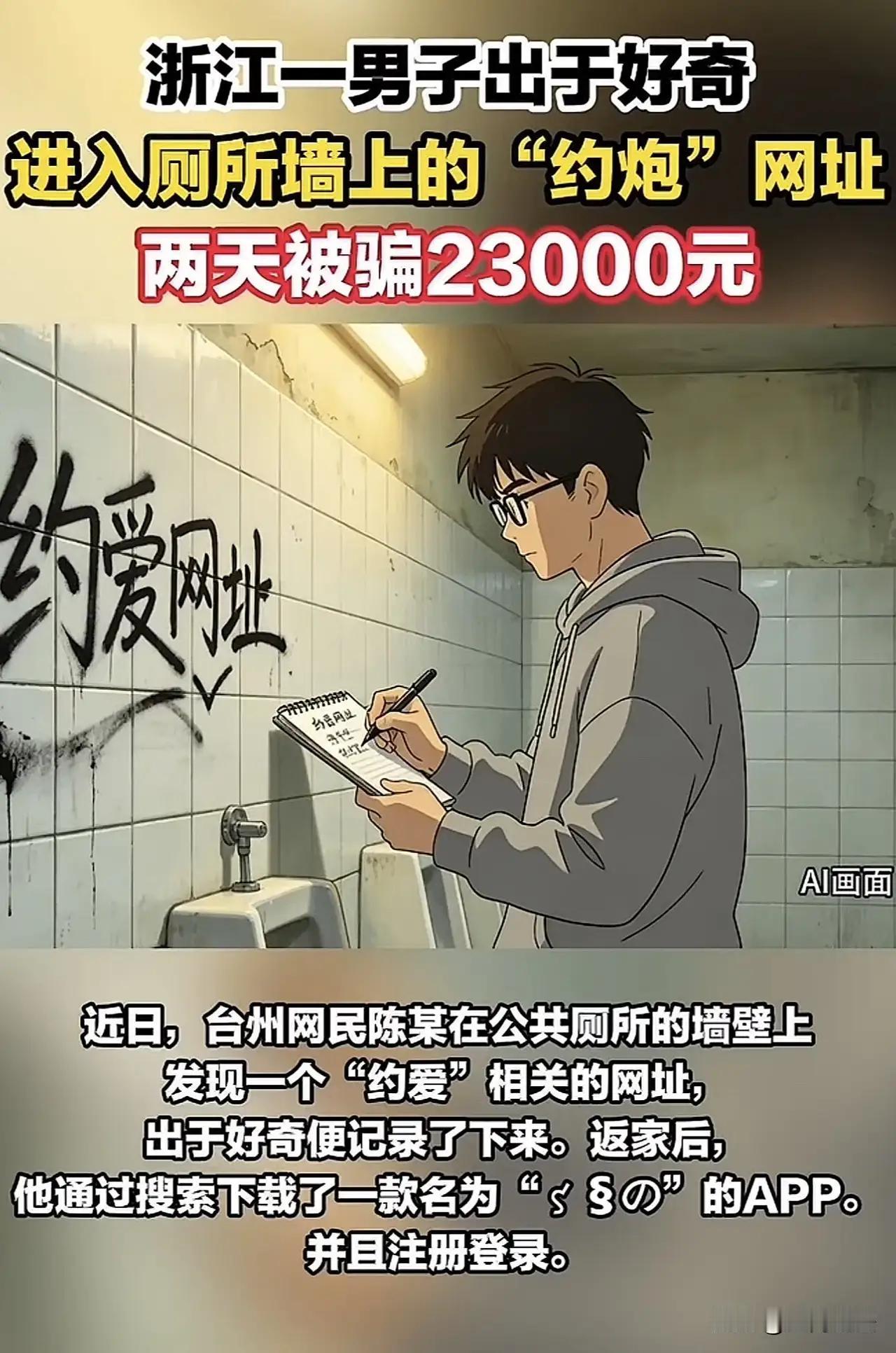 “太炸裂！”浙江icon，一男子上厕所，见墙上贴着暴露的美女图片，上面写着可以通