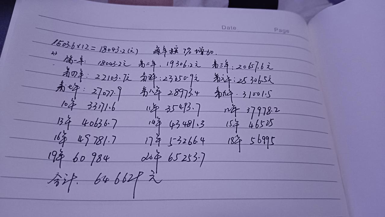 求大神指教，我这算法对不，灵活就业现在每年1万8左右，每年缴费如果都按7%涨的话