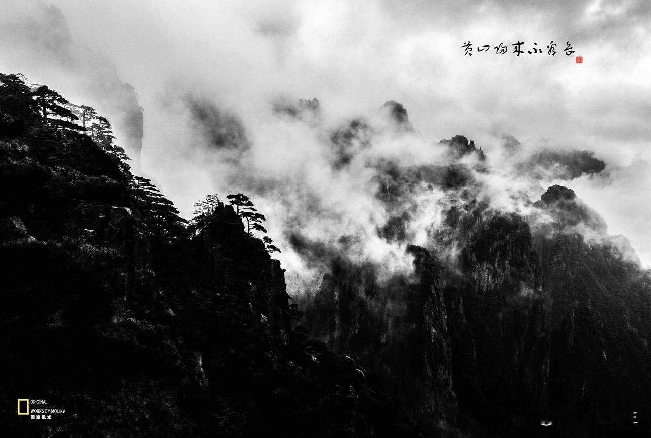 《黄山归来不看岳》
墨染黄山，云卷千峰。
黑白间藏尽山河风骨，雾霭漫过嶙峋怪石，