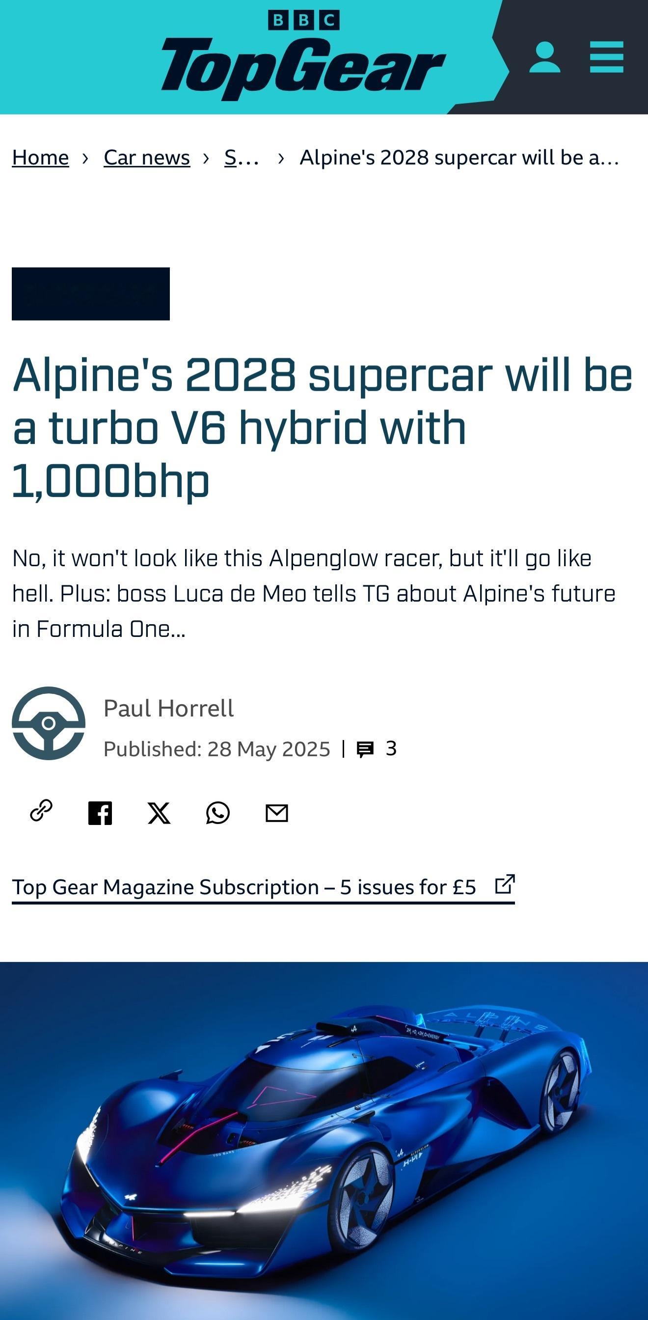 Alpine确定要做一款1000bhp的超跑根据Alpine CEO菲利普·克里