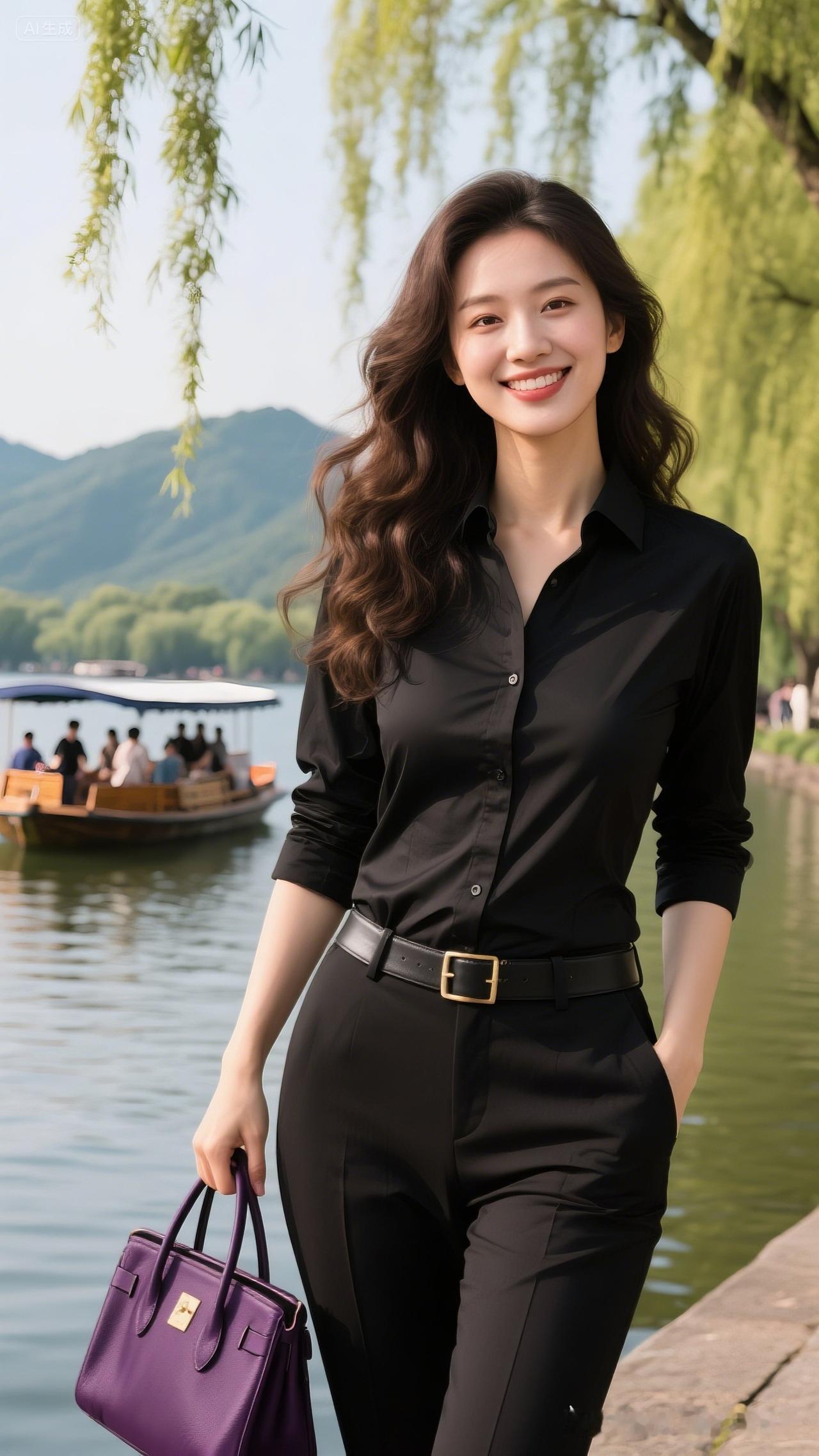 优雅黑衣搭配，紫色手袋点缀，河畔漫步，尽显时尚与自然之美。