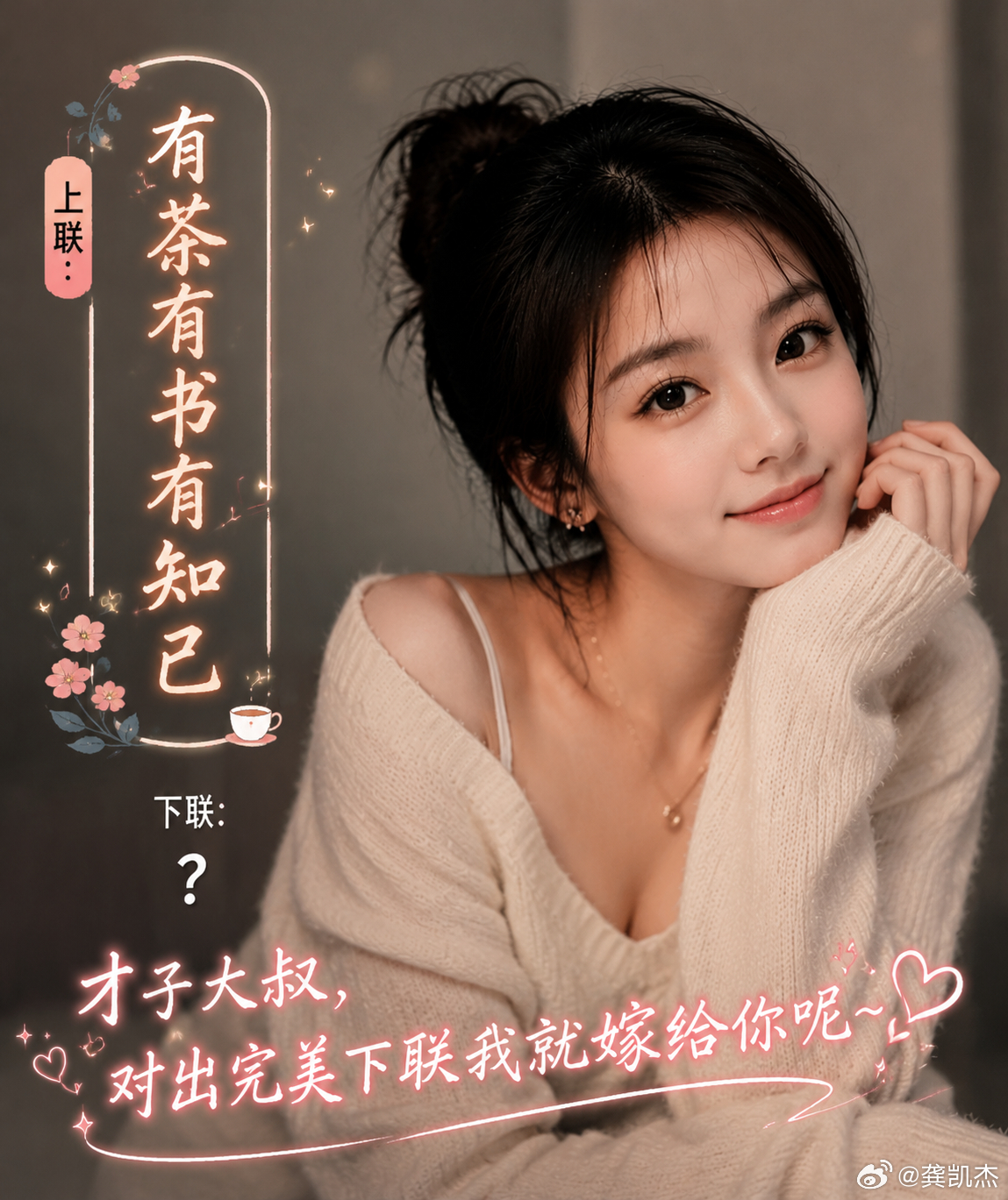 美女比文招亲，以你的文采能对出完美下联吗？上联：有茶有书有知己下联： 