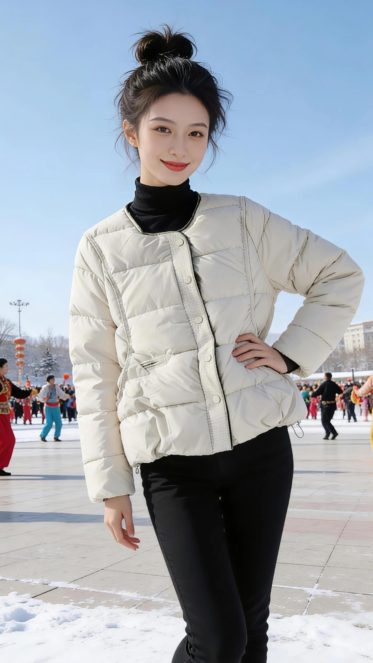 雪日欢歌
 
北国的冬日，晴光泼洒在皑皑雪地上，晃得人眼睫都染上亮白。我立在广场