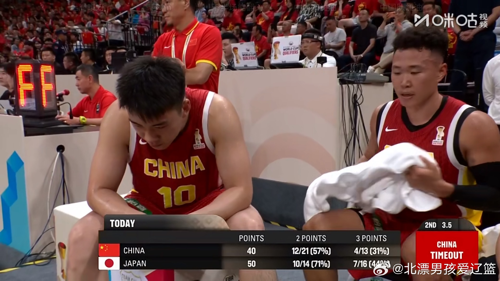 半场结束 中国男篮落后10分！中国男篮vs日本男篮