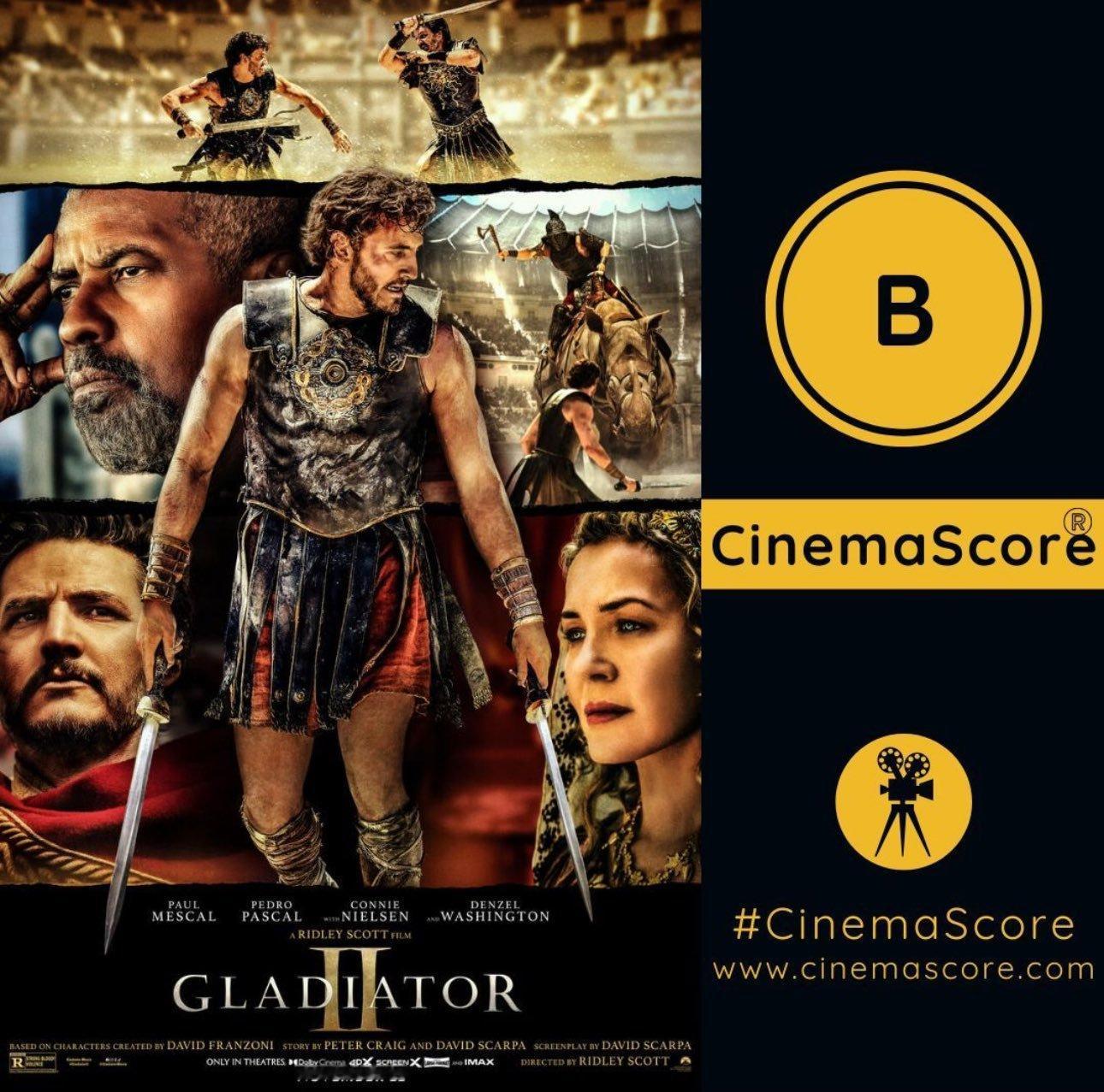 北美同天上映的双片CinemaScore观众评分出炉《角斗士2》【B】《魔法坏女