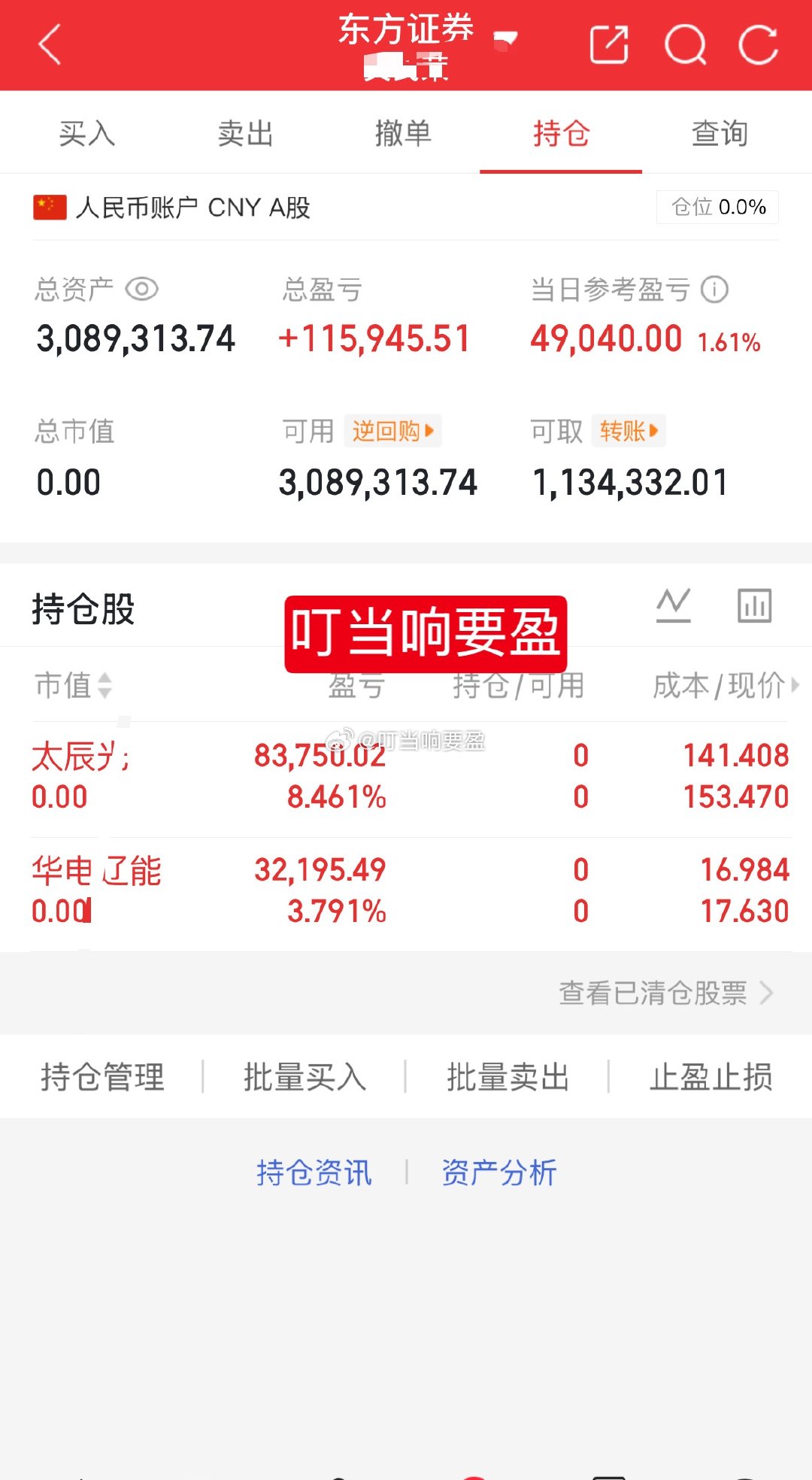 1百w挑战一年翻5倍（第111天）今天卖出：300570太辰光600396华电辽