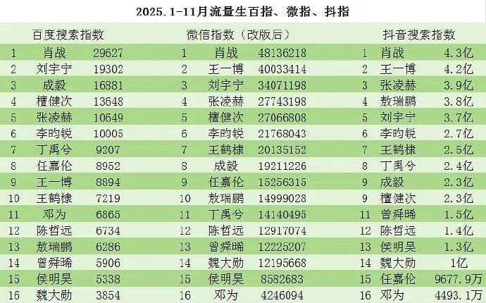 2025年1-11月 流量生百指、微指、抖指 