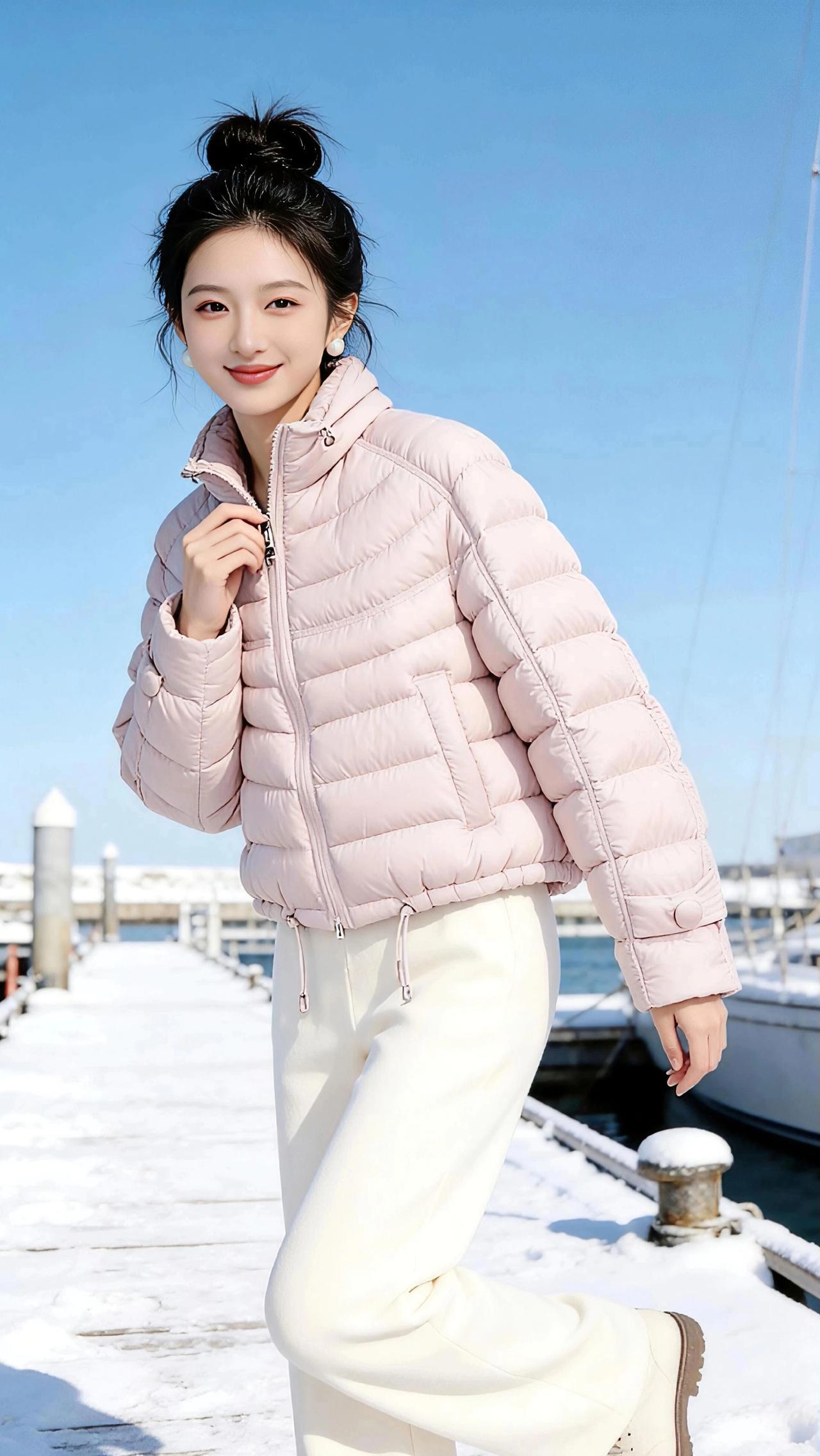 粉袄映雪
 
浅粉色的轻薄羽绒服，像揉了一团冬日的软云，松松软软地裹在身上，竖纹