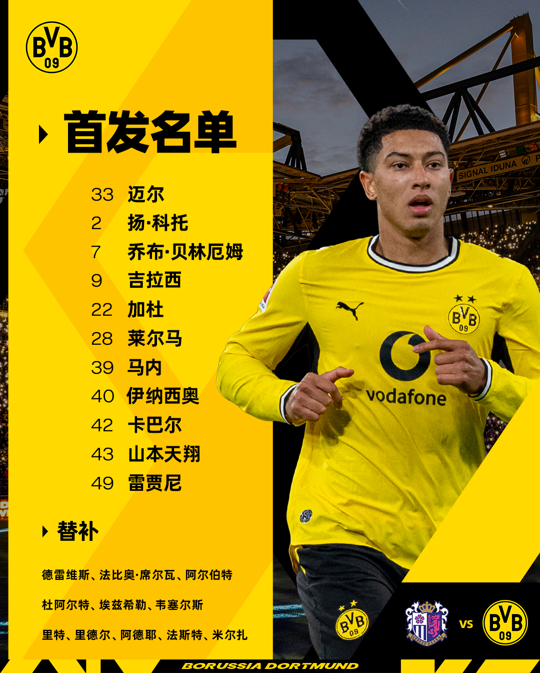 对阵大阪樱花的首发名单新鲜出炉！【首发】33.迈尔 2.扬·科托 7.乔布·贝林
