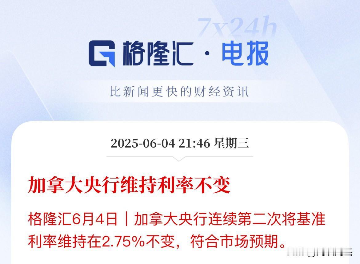 加拿大维持利率不变！维持2.75%，符合市场预期

加拿大央行公布维持利率不变，