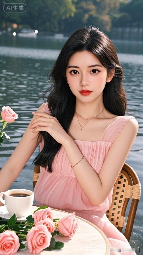 夏日湖畔，粉裙少女与咖啡的浪漫邂逅