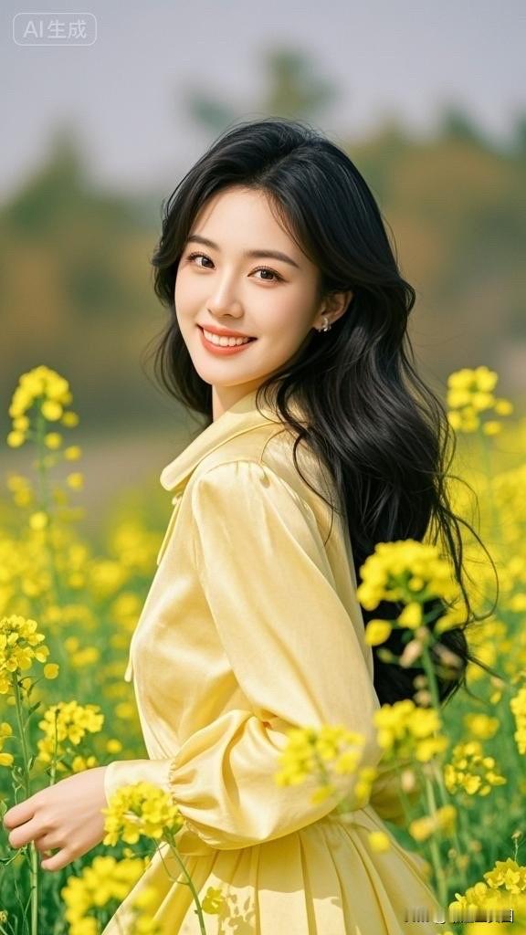 在一片金黄的油菜花田中，笑容灿烂的少女与自然融为一体，仿佛置身于童话世界。