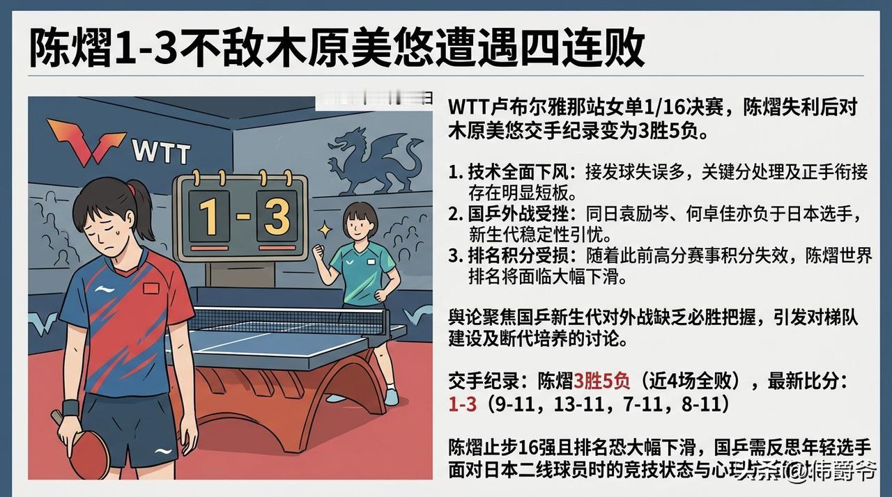 国乒小将陈熠在WTT卢布尔雅那站女单1/16决赛中1-3不敌日本选手木原美悠，吞