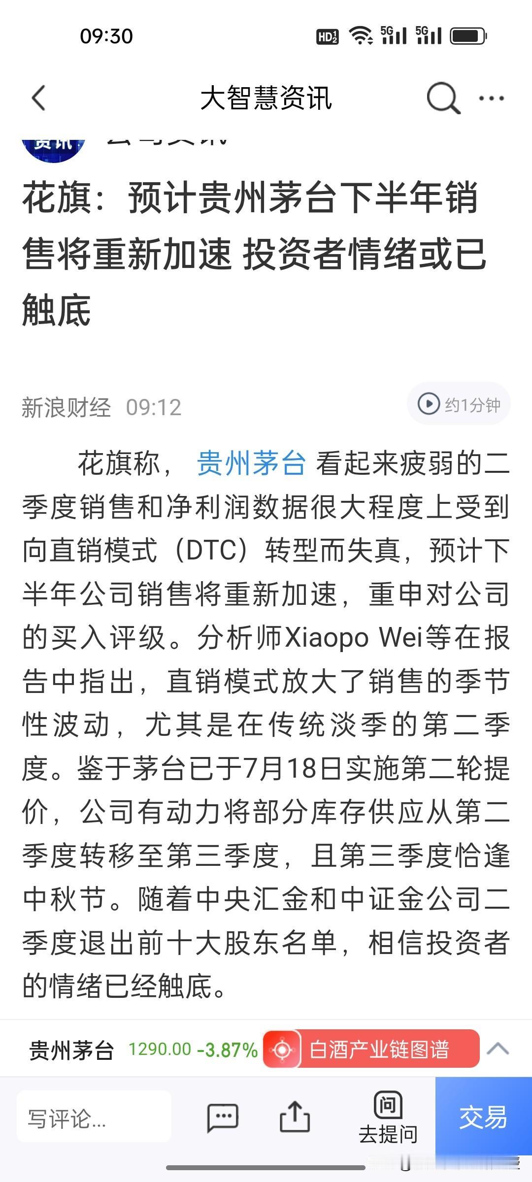 市场还是用脚投票啊！贵州茅台开盘大跌近4%，失守1300元整数关口，直接拖累整个