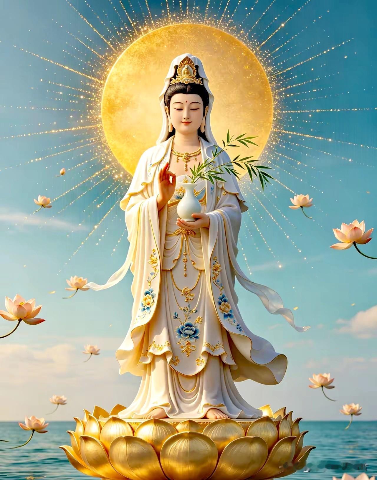 玉净瓶扬甘露消灾厄，
莲台慈佑众生保平安。