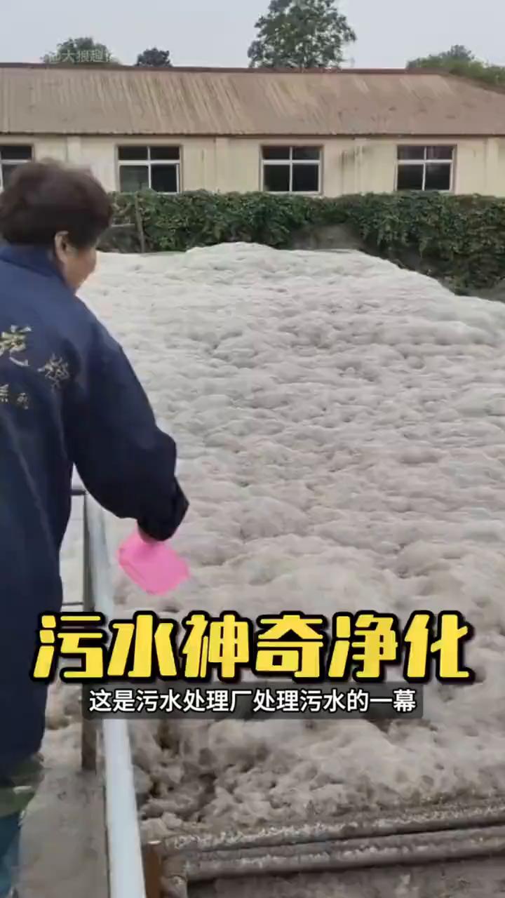 污水神奇净化。
这是污水处理厂处理污水的一幕。工人往池中倒入一勺白色液体，下一秒