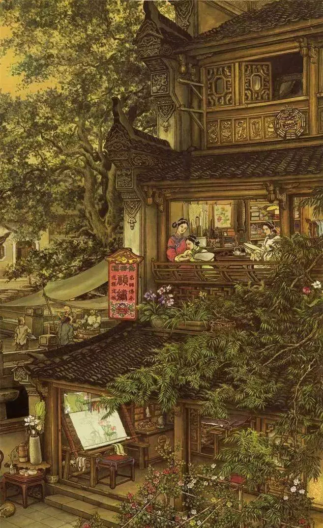 江南民国风情图，张孝友 1935年生，浙江宁波人，生于上海，现为清华大学美术学院