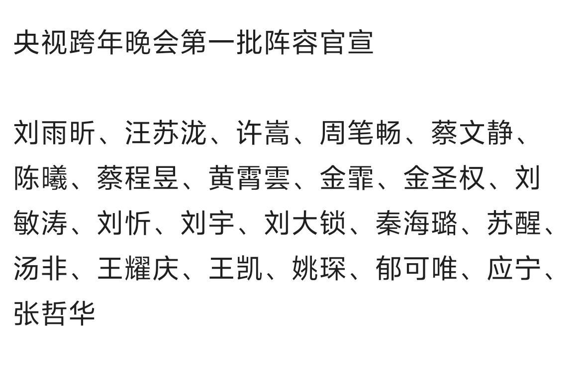 央视跨年晚会第一批阵容官宣 刘雨昕、汪苏泷、许嵩、周笔畅、蔡文静、陈曦、蔡程昱、
