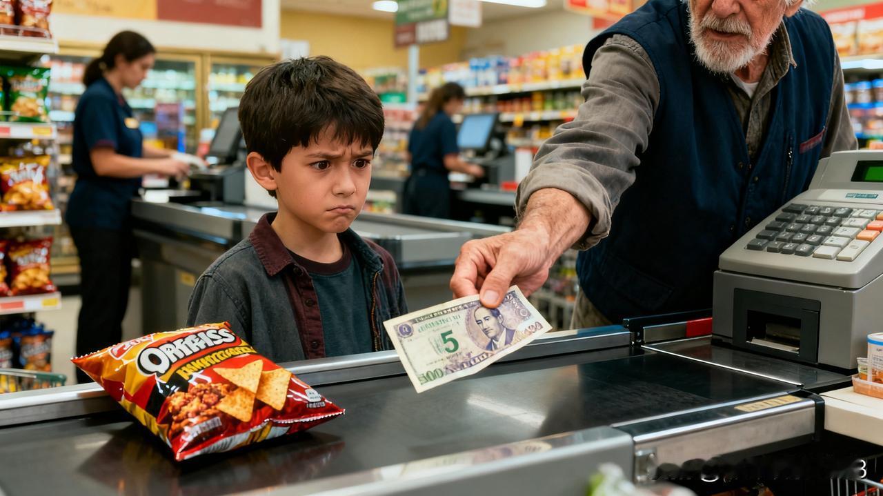 太气人了！一个男孩去超市买薯片，结账时还没轮到他付款，就把五块钱放在了柜台上。没