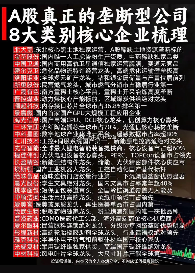 这张图列出了A股的垄断型公司。翻到这张列着A股垄断型公司的图，瞬间觉得之前翻五千
