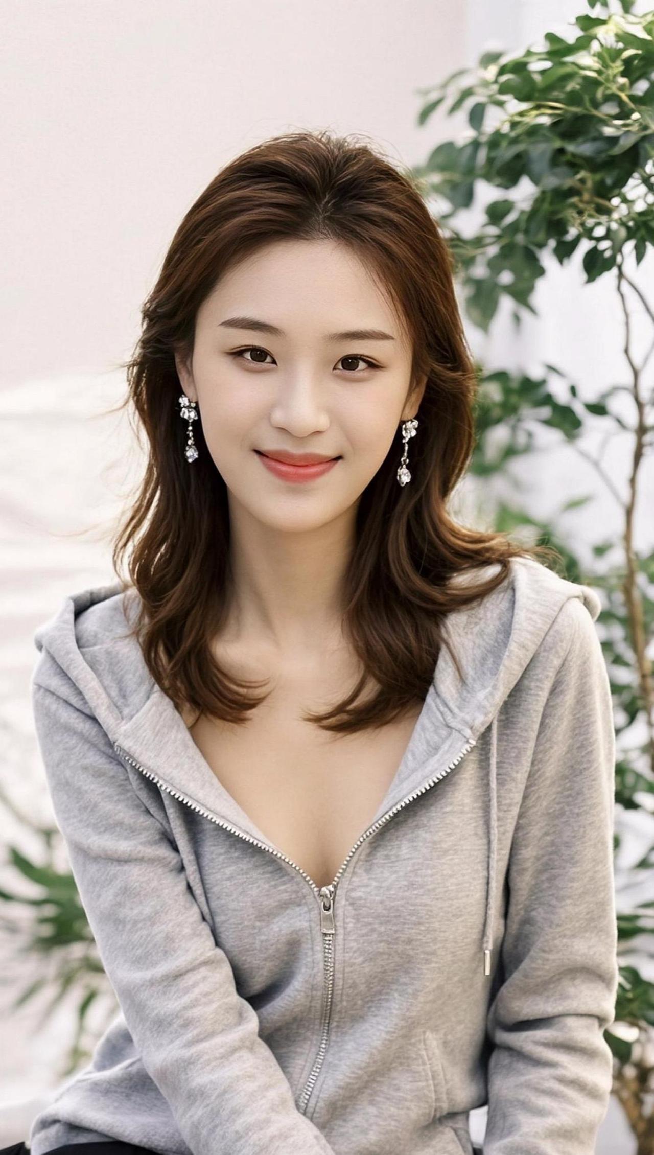 微风拂过发梢，卷曲的弧度像被时光温柔吻过。灰调连帽衫裹住清冷气质，耳坠轻晃间，仿
