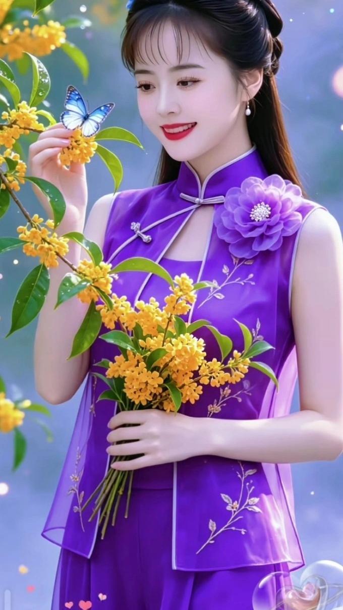 秋风有信，桂香如约而至✨
一簇簇细碎金黄的桂花，缀满枝头，暗香浮动。一袭雅致紫衣