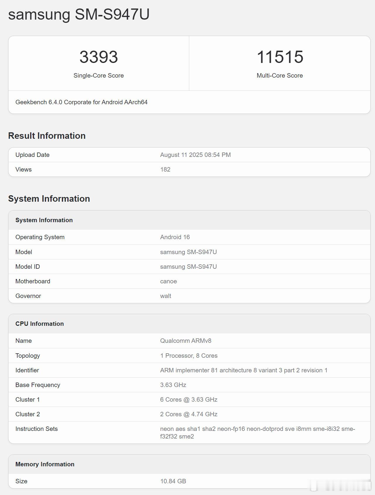 骁龙8Elite2跑分成绩首次出炉，来自三星SM-S947U，geekbench