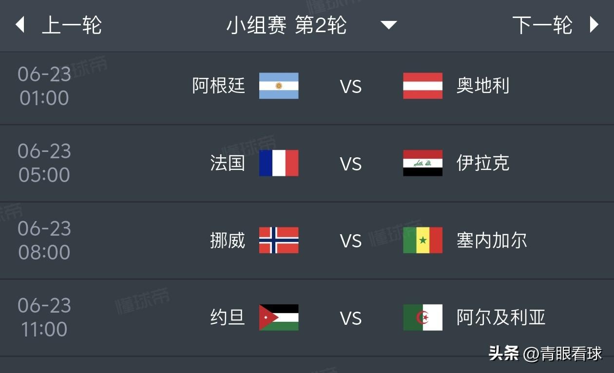 美加墨世界杯小组赛预测（6月23日）
1，阿根廷2比1奥地利
2，法国3比0伊拉