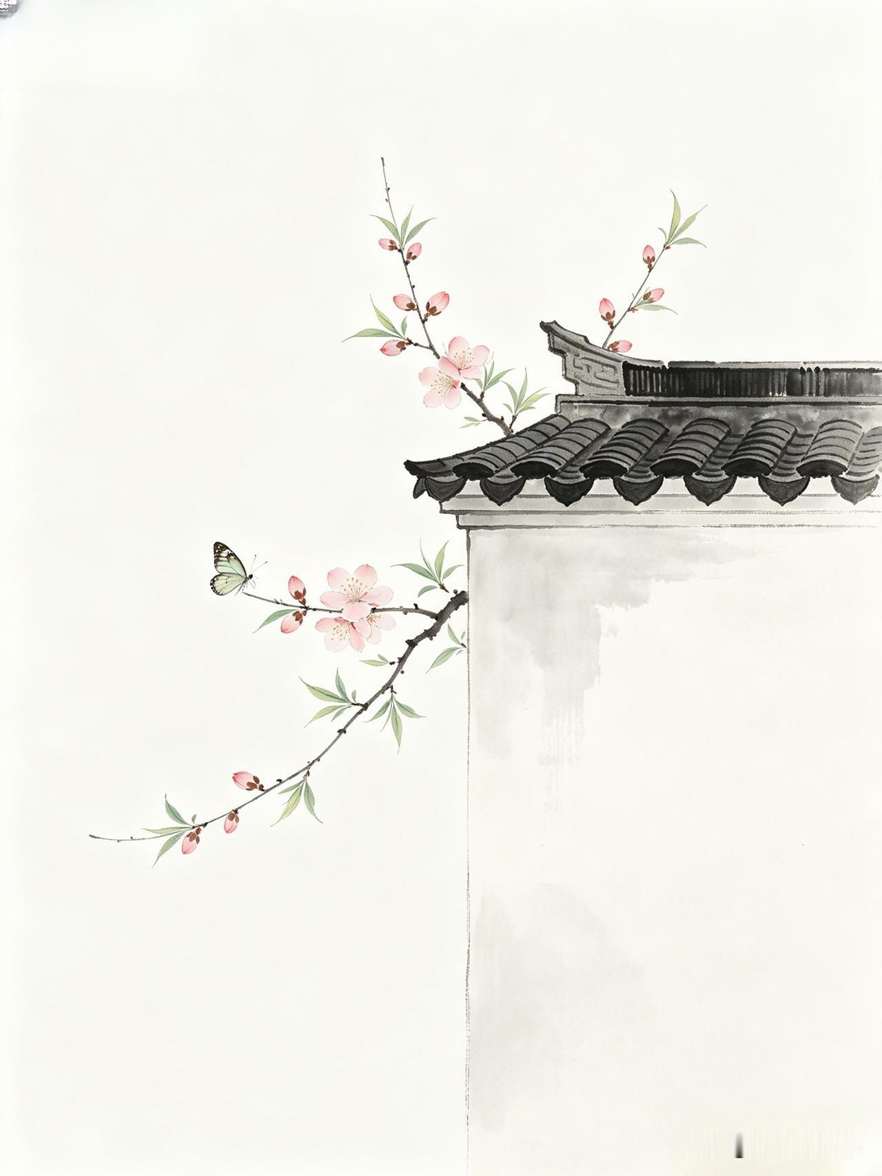 你看这张图，
真的把江南水乡的美给画出来了！
黑瓦白墙，
一枝桃花热热闹闹地开着