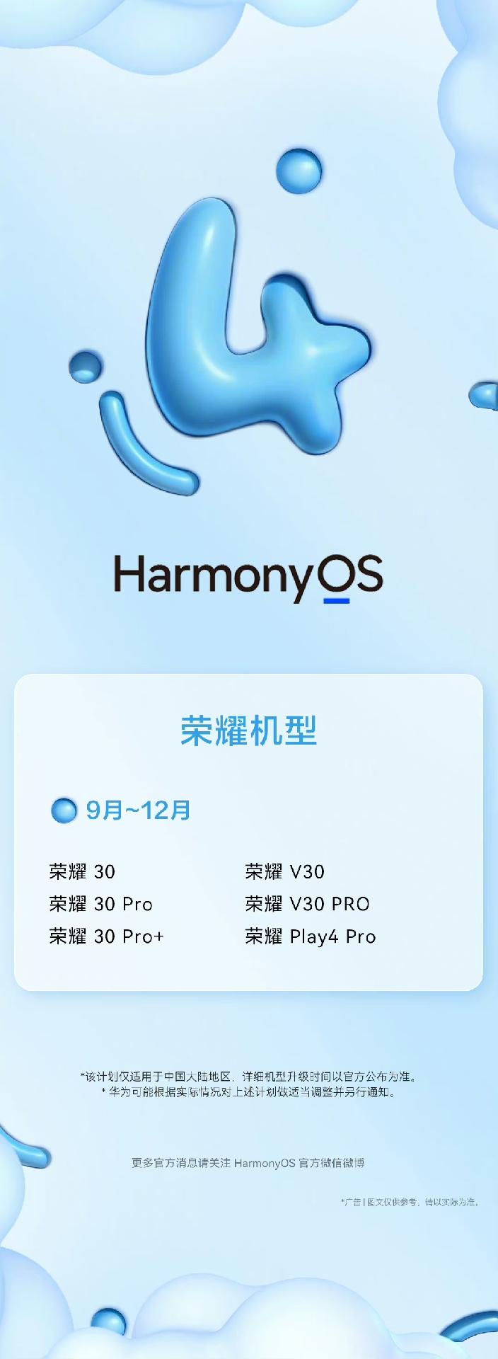 荣耀小伙伴们奔走相告吧，荣耀30、荣耀V30等6款荣耀机型将于9月-12月开启鸿