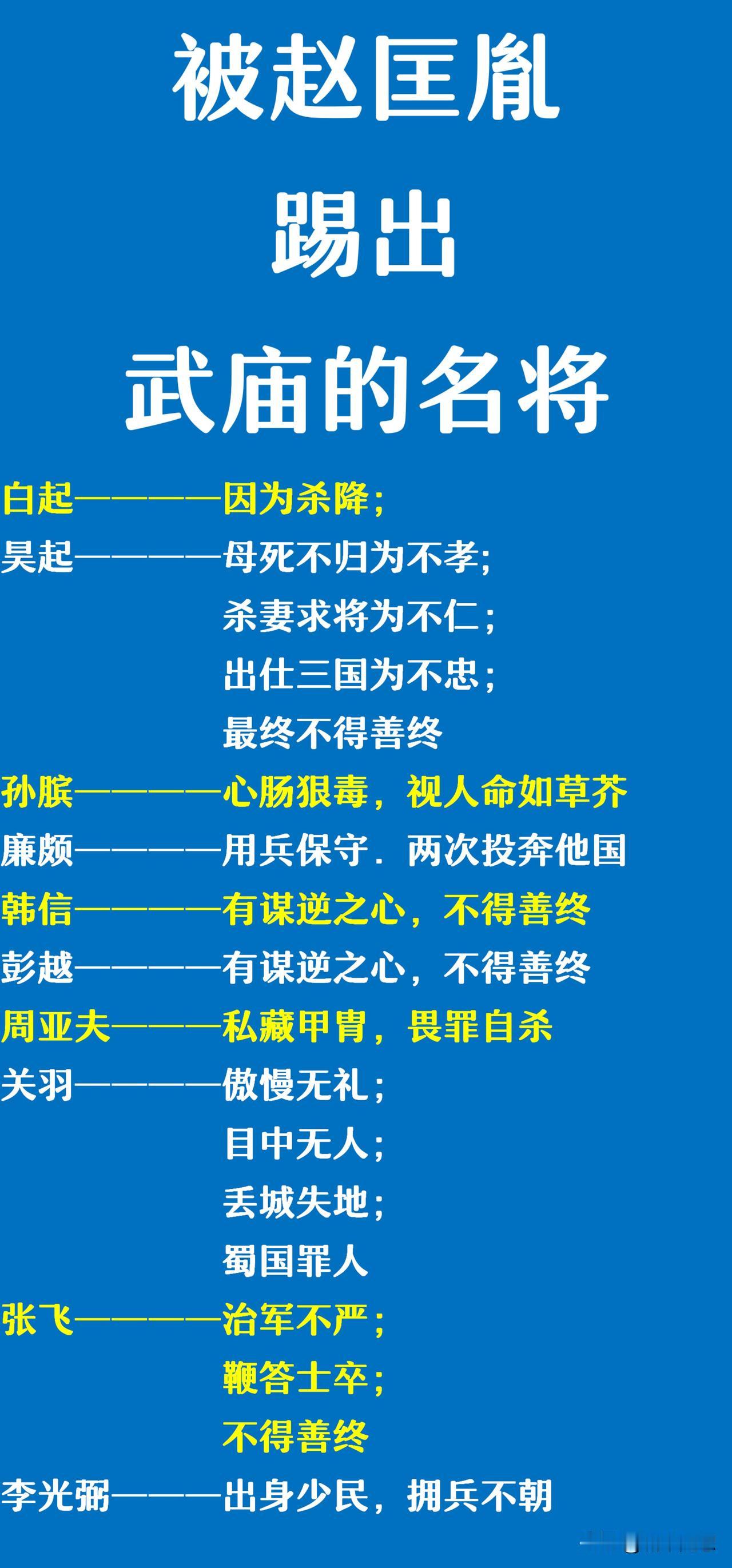 关羽：被赵匡胤踢出了武庙；
韩信：被赵匡胤踢出了武庙；
孙膑：被赵匡胤踢出了武庙