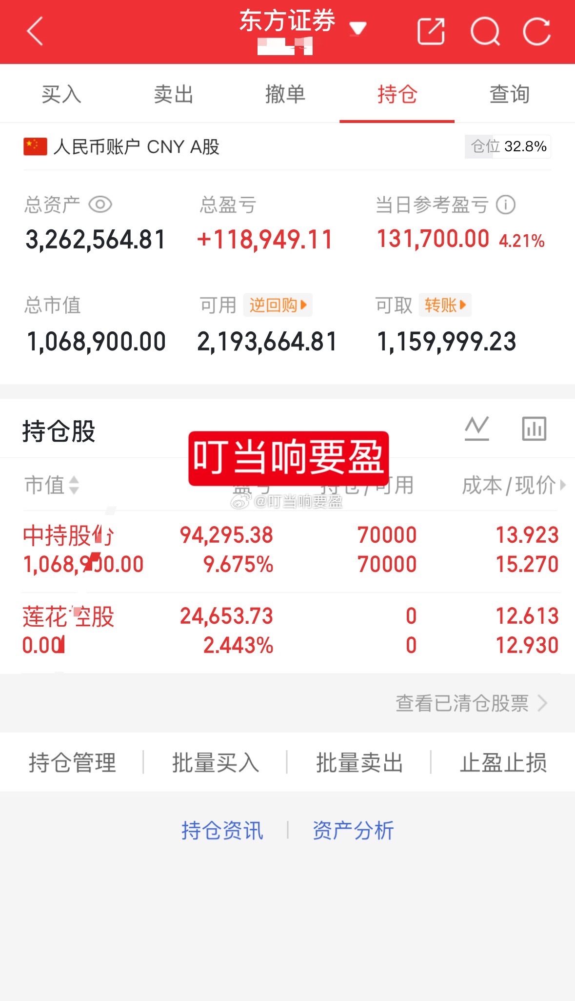 叮当｜100W挑战一年翻5倍「第139天」✅卖出：600186莲花控股📌目前持