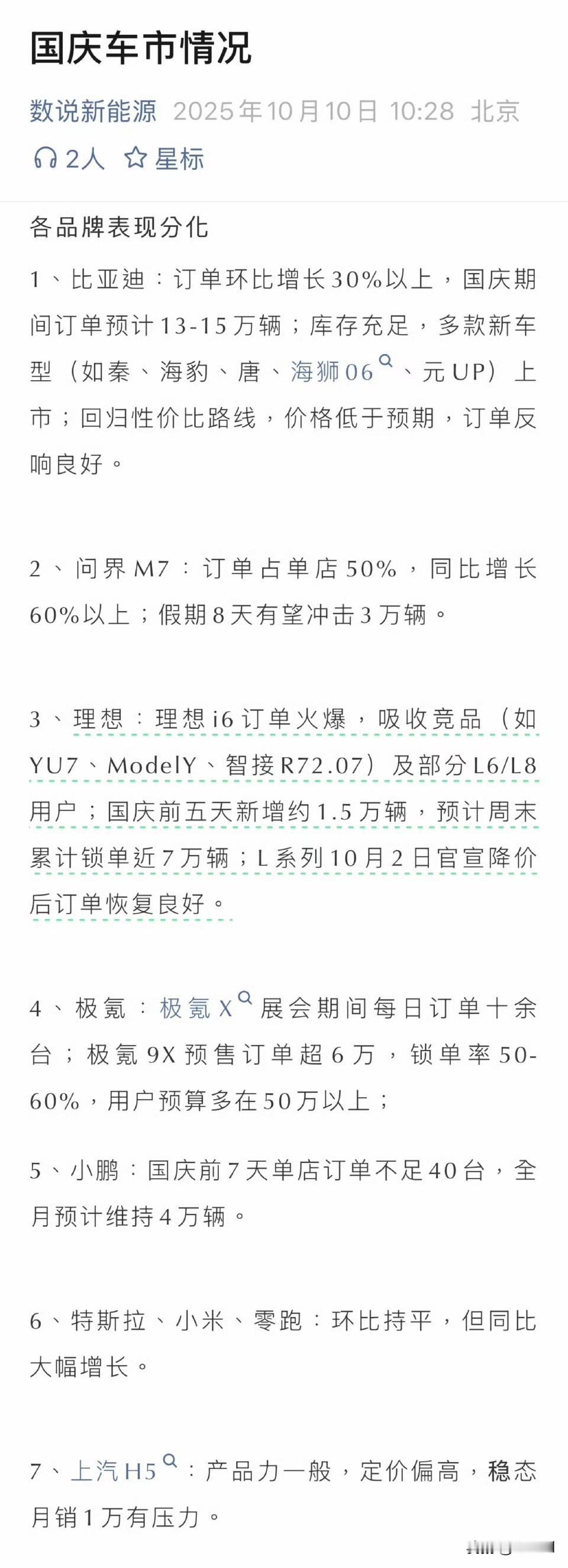 国庆战报，比亚迪、问界、理想、极氪成为大赢家。
国庆节是汽车销售旺季，今天同样如