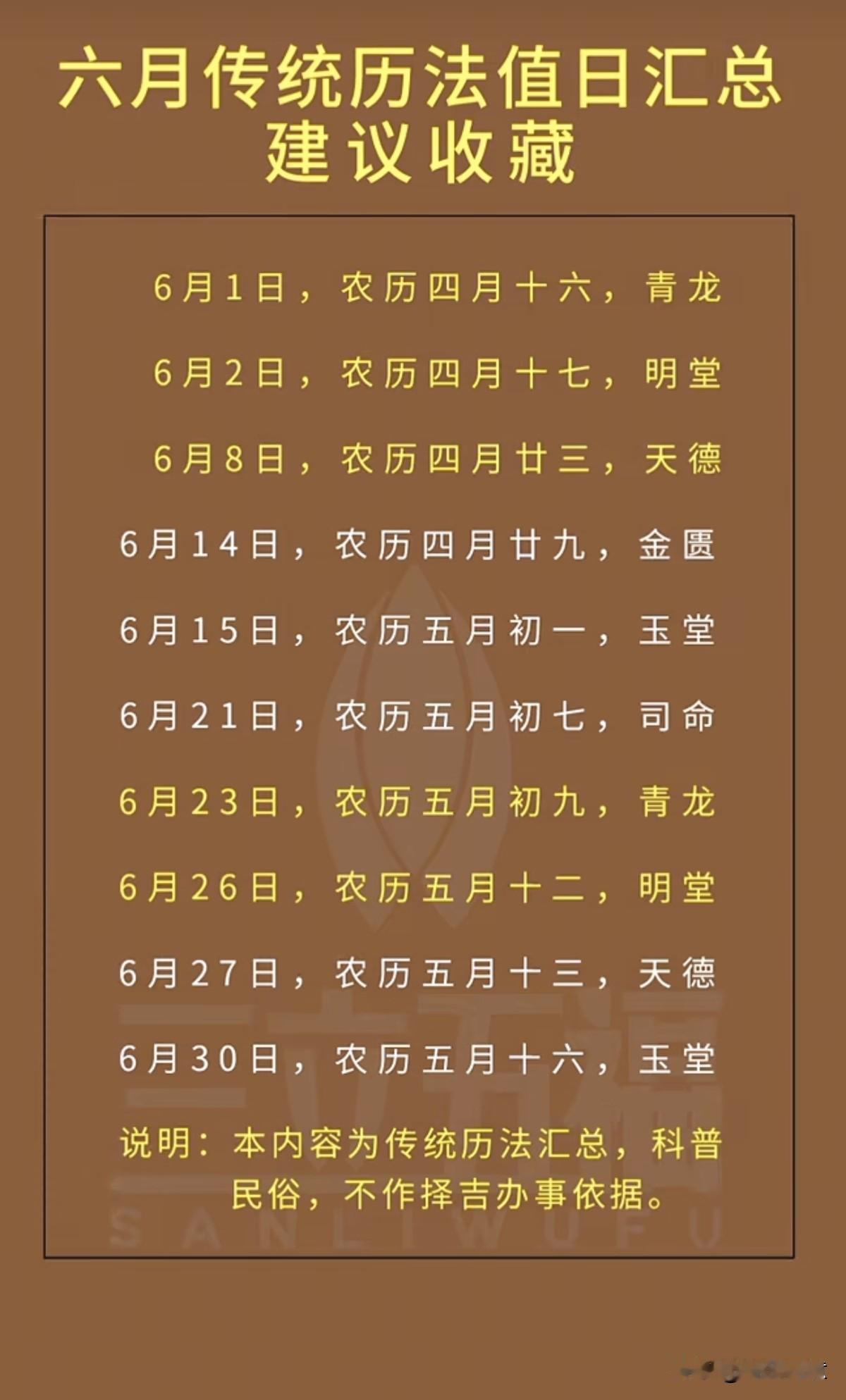 中华传统文化知识科普：六月传统历法日期建议收藏。