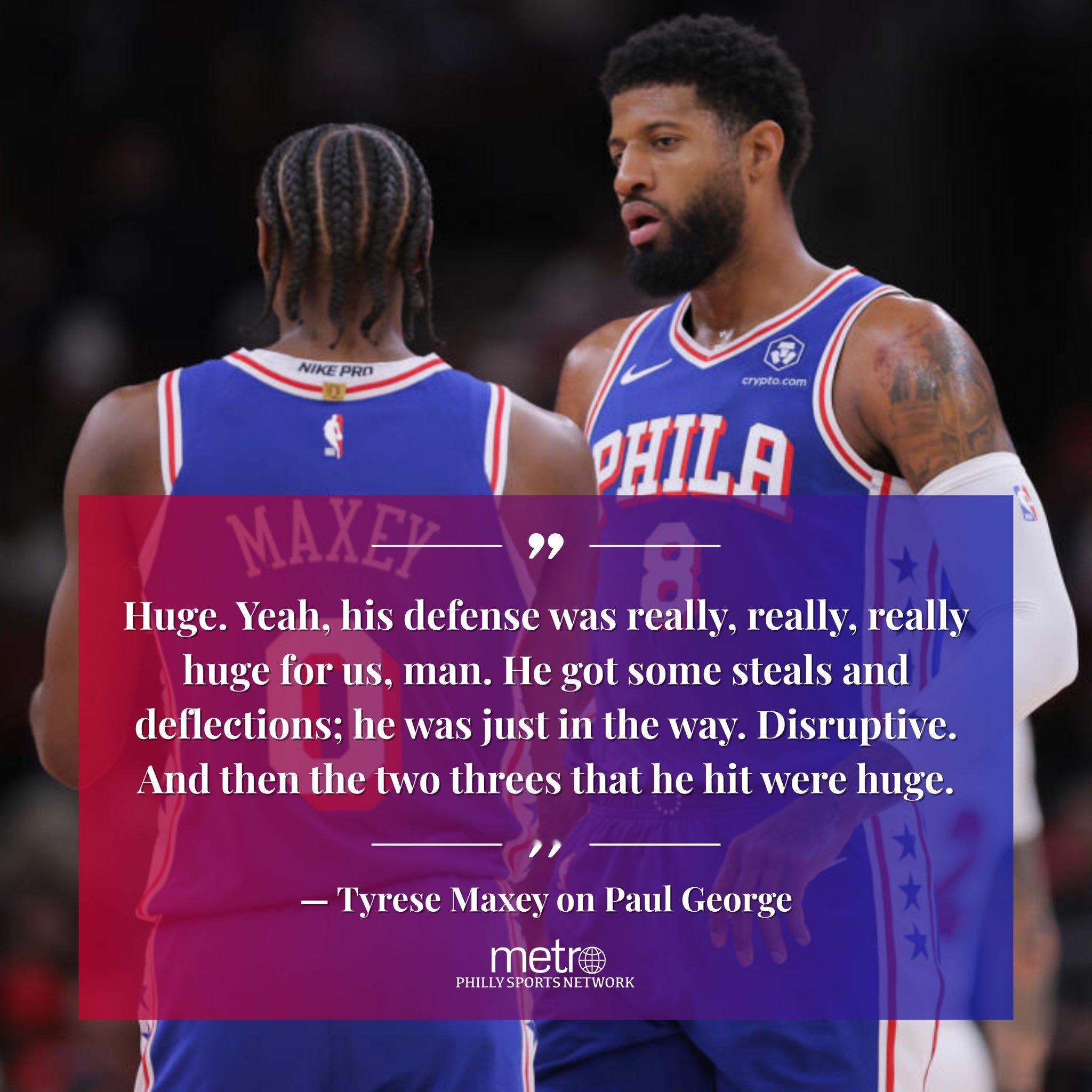 队友泰雷斯·马克西今日赛后接受采访时，谈及保罗·乔治今日比赛对球队的重要性——“