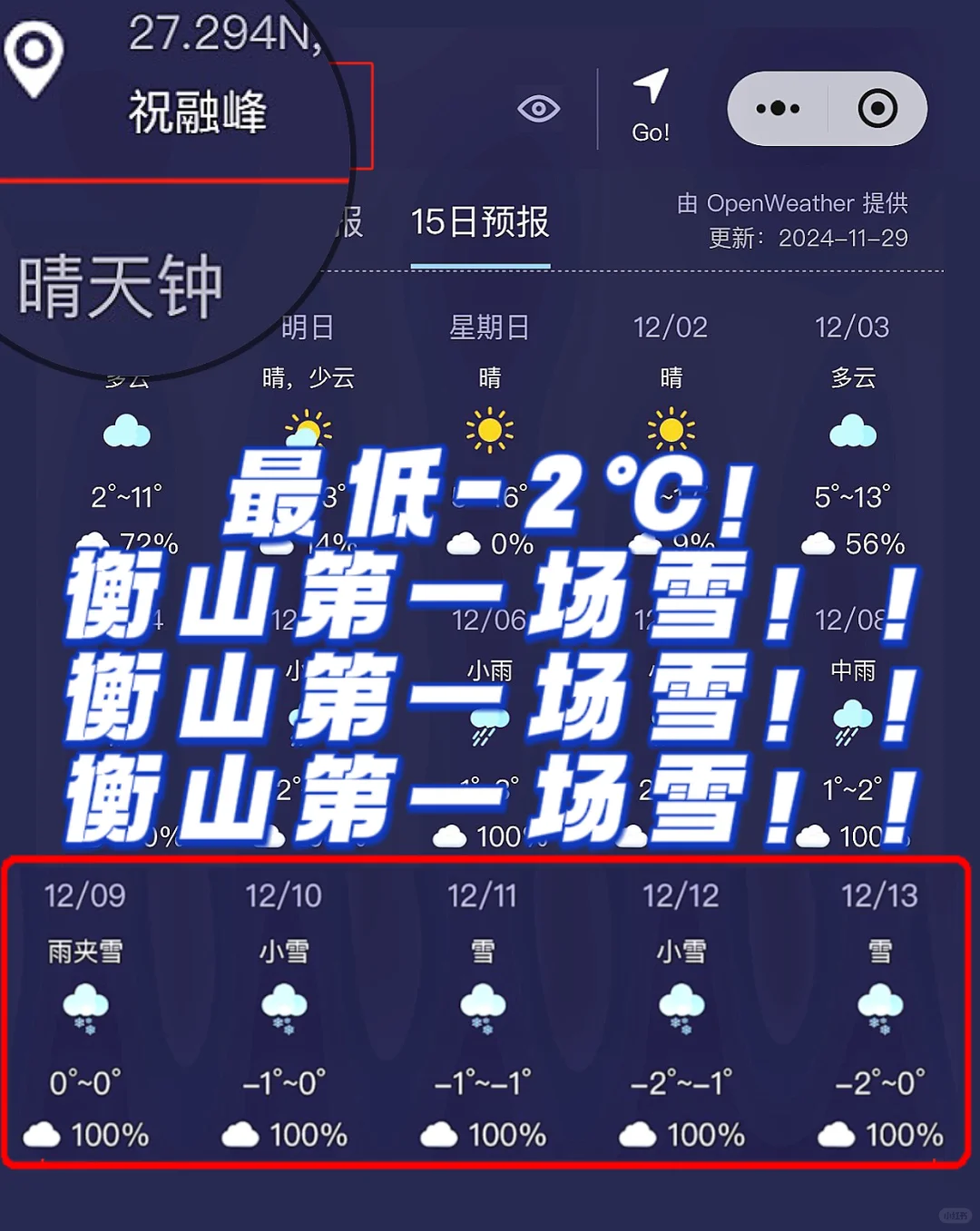 最新下雪预告：12月第2周！衡山第一场雪！