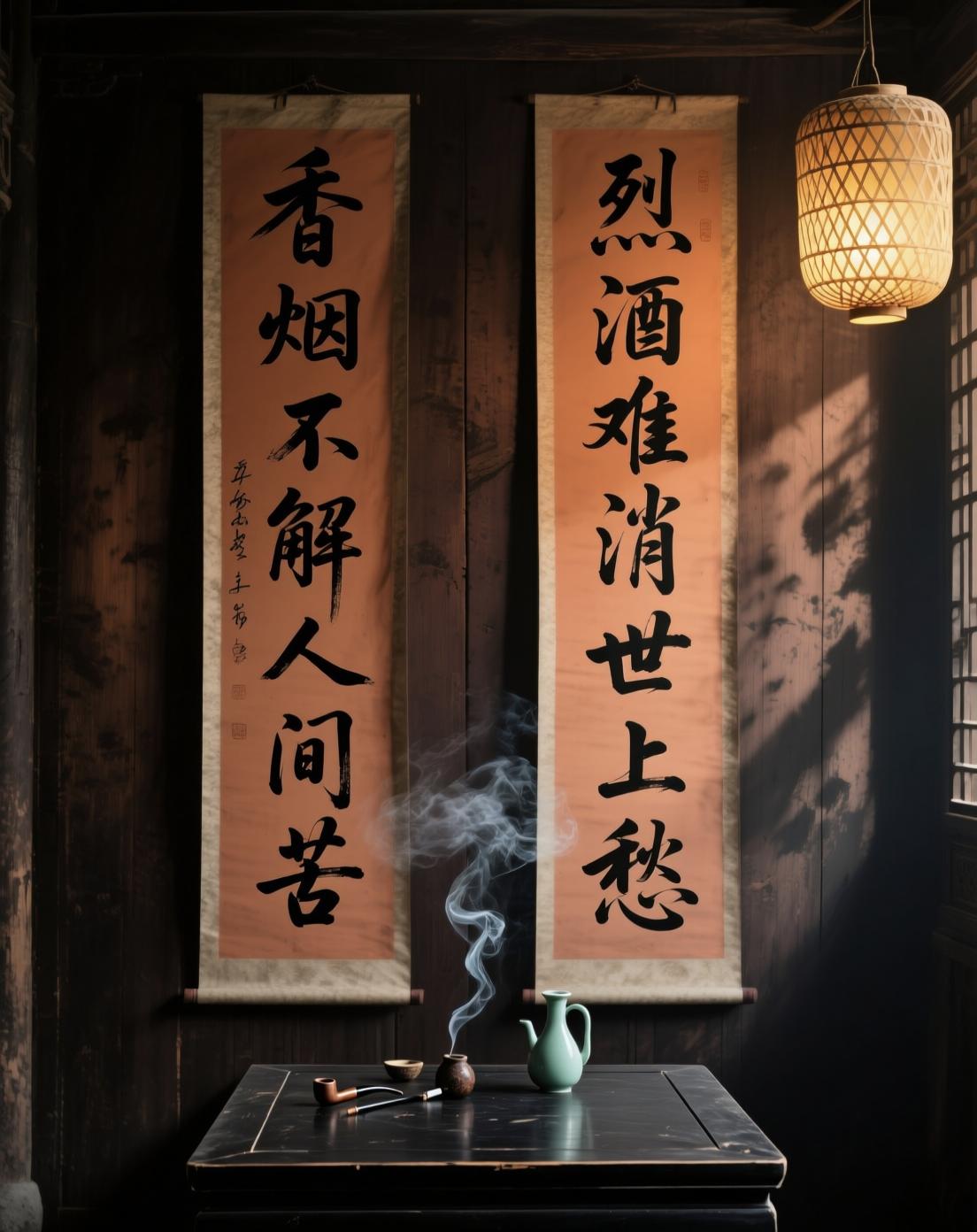 下联：烈酒难消世上愁