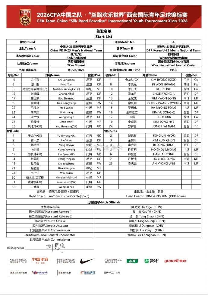U23国足vs朝鲜U23首发 北京时间19点35分，CFA西安国际青年足球锦标赛