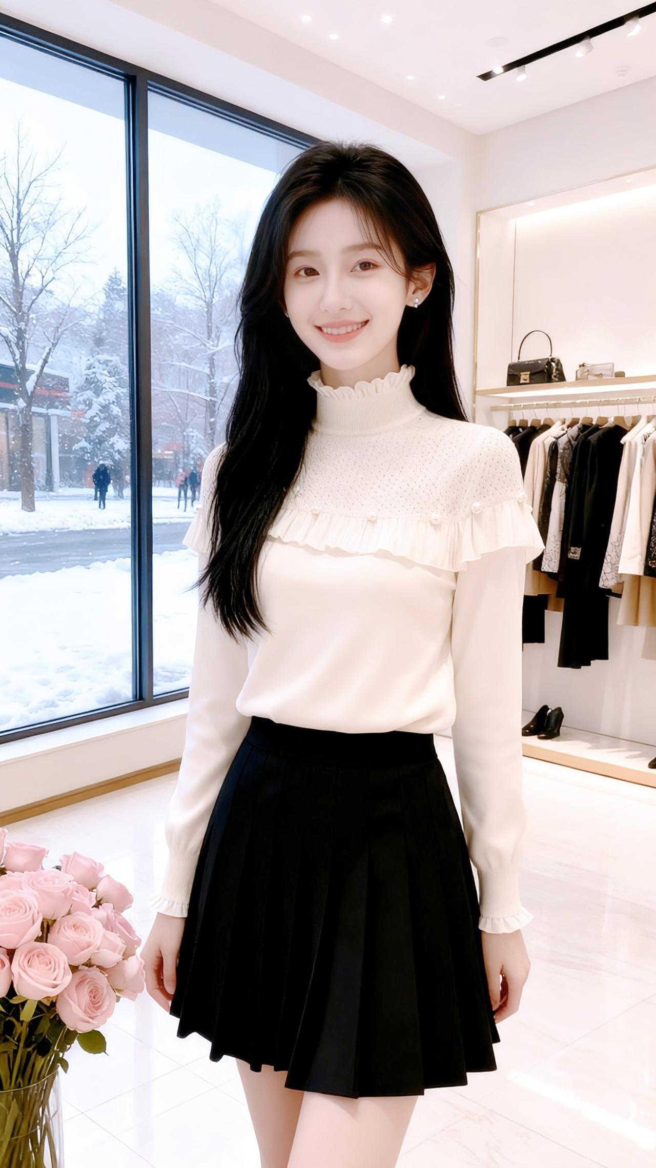 她站在雪色与暖光的交界里。
 
米白针织衫的褶皱像浸了层细雪，领口的荷叶边轻轻颤