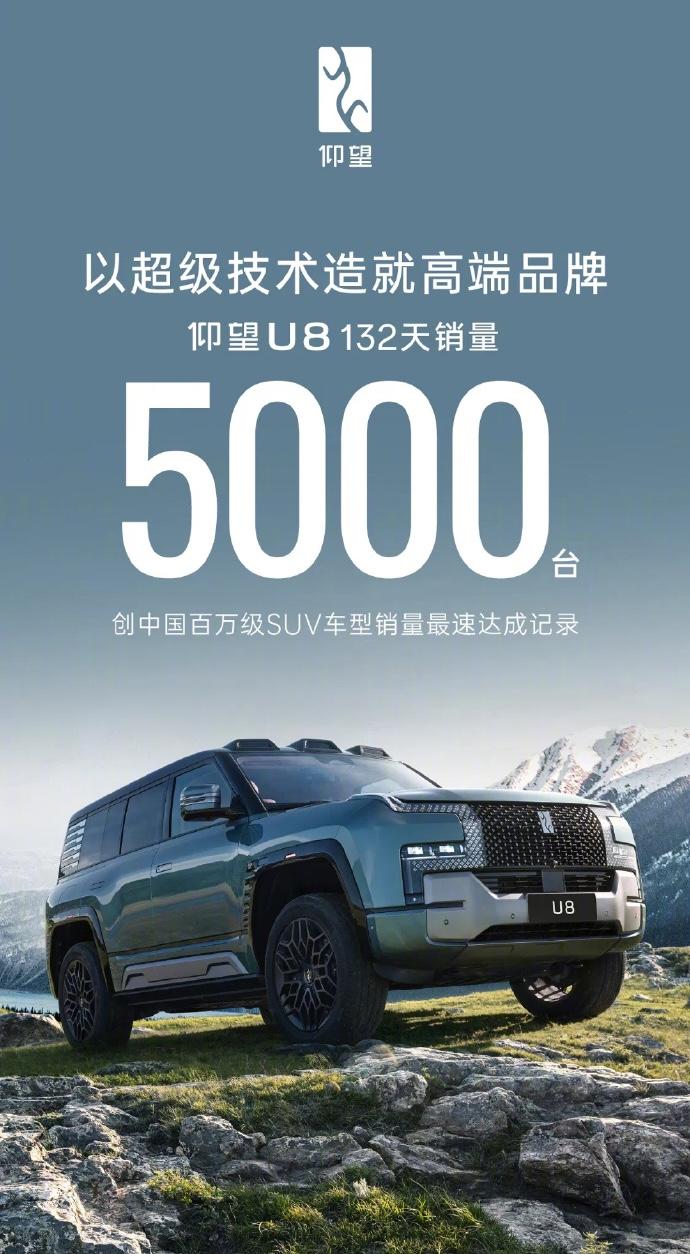 仰望U8销量突破5000辆！
历时132天，仰望U8的销量成功突破5000辆
这