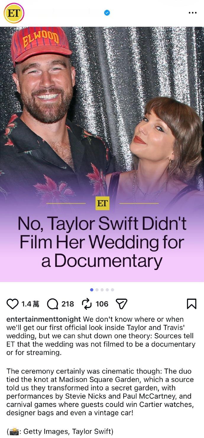 霉霉婚礼没有被拍成纪录片 据外媒，Taylor Swift婚礼现场并未被拍摄成纪