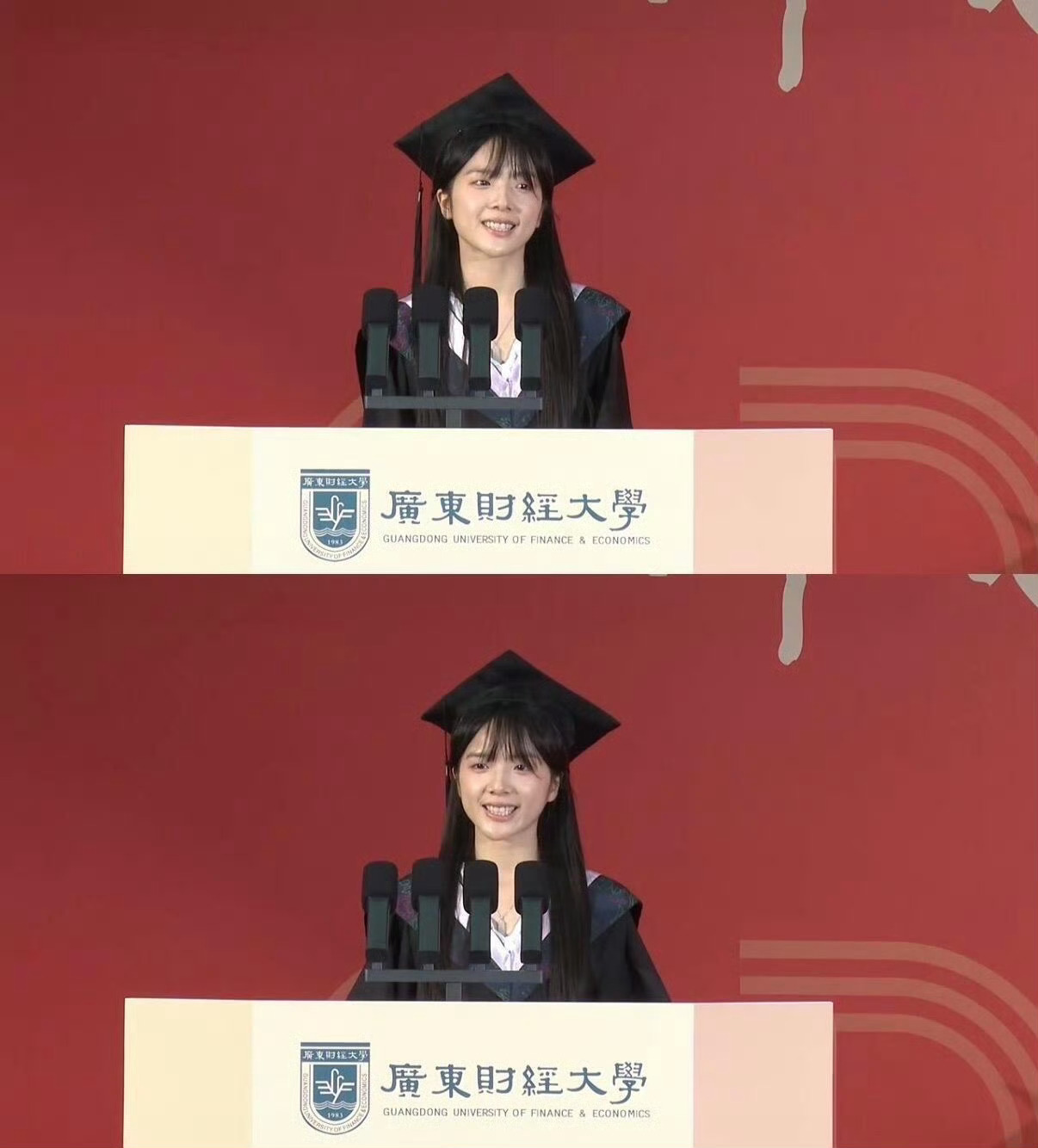 李思潼学士服 李思潼今天参加广东财经大学毕业典礼，作为毕业生代表演讲，学士服好素