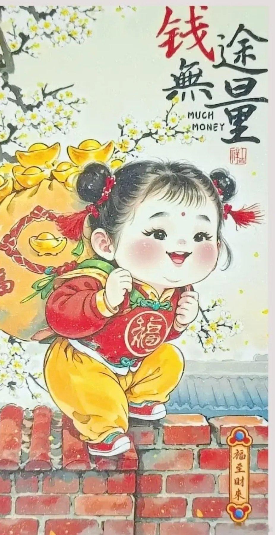 财福盈门·国风年画送福送财童子壁纸～ 