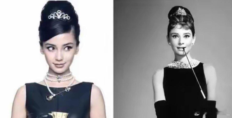 杨颖Angelababy模仿过赫本经典作品《蒂凡尼的早餐》中的造型，小黑裙配上公