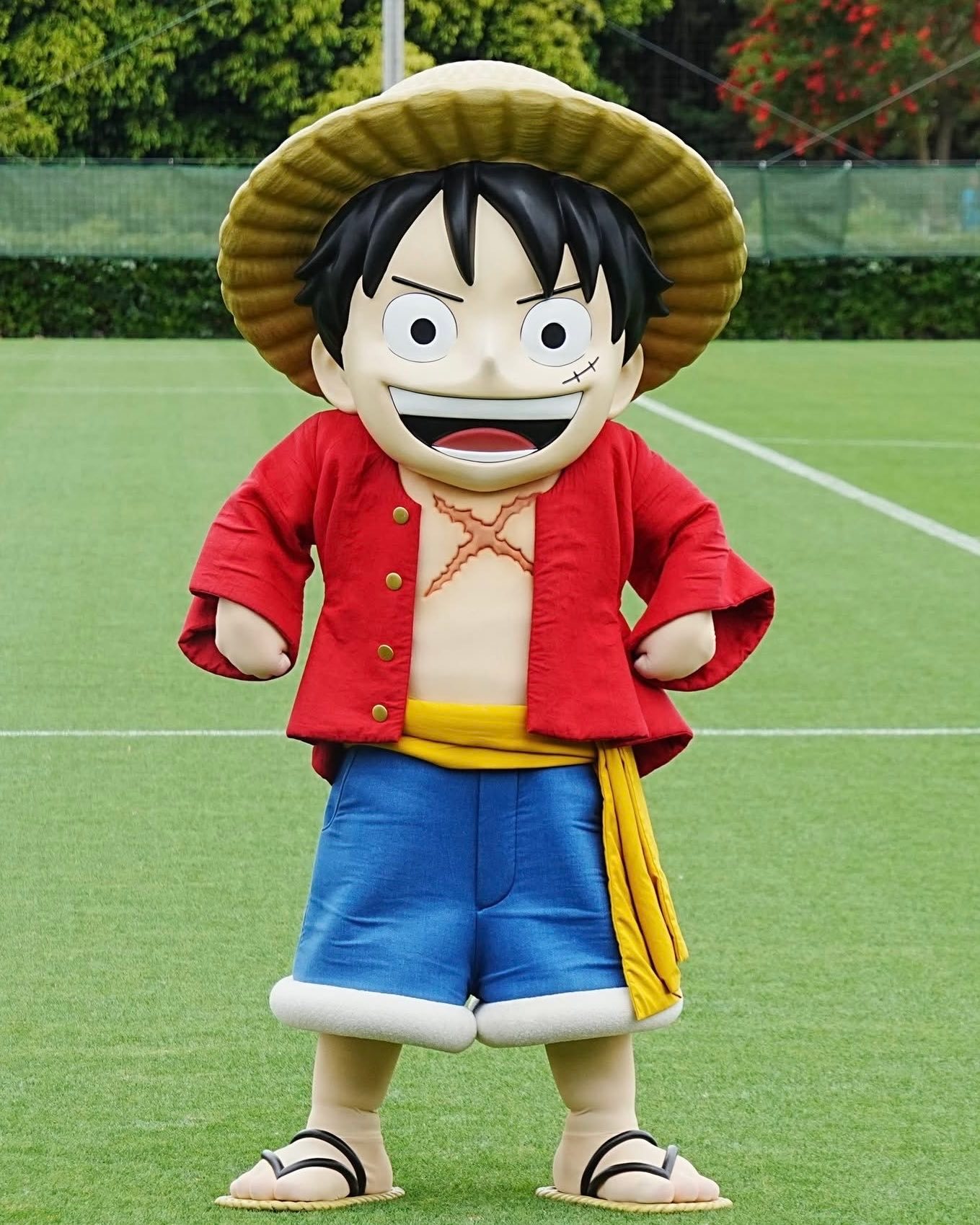 日本国家足球队在出征世界杯之前，每个人都拿到了一顶草帽 作为和海贼王合作的一部分