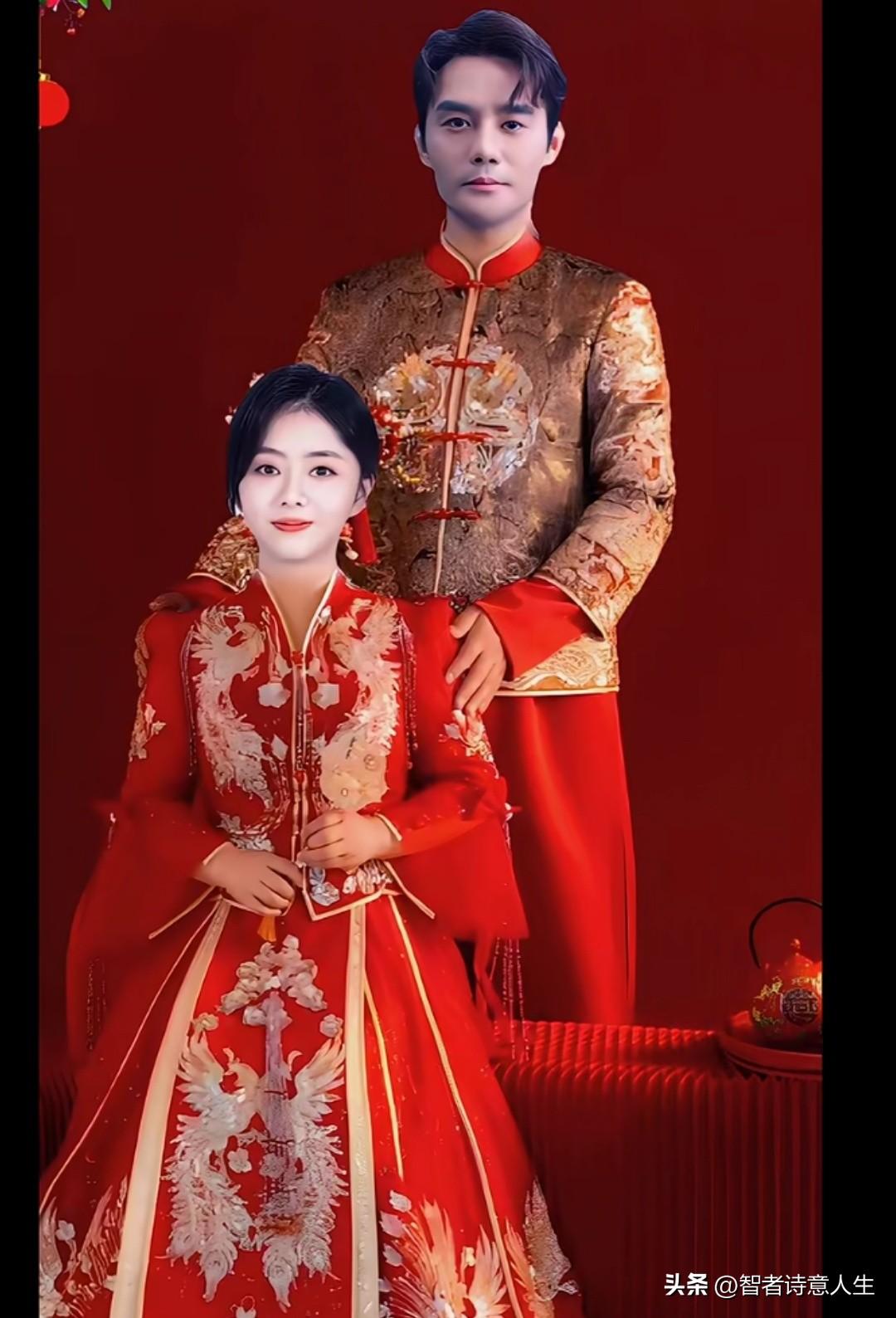 红彤彤的婚服映着舞台灯光，两位明星站在一起就像画里走出来的神仙眷侣💫 🌹🌹