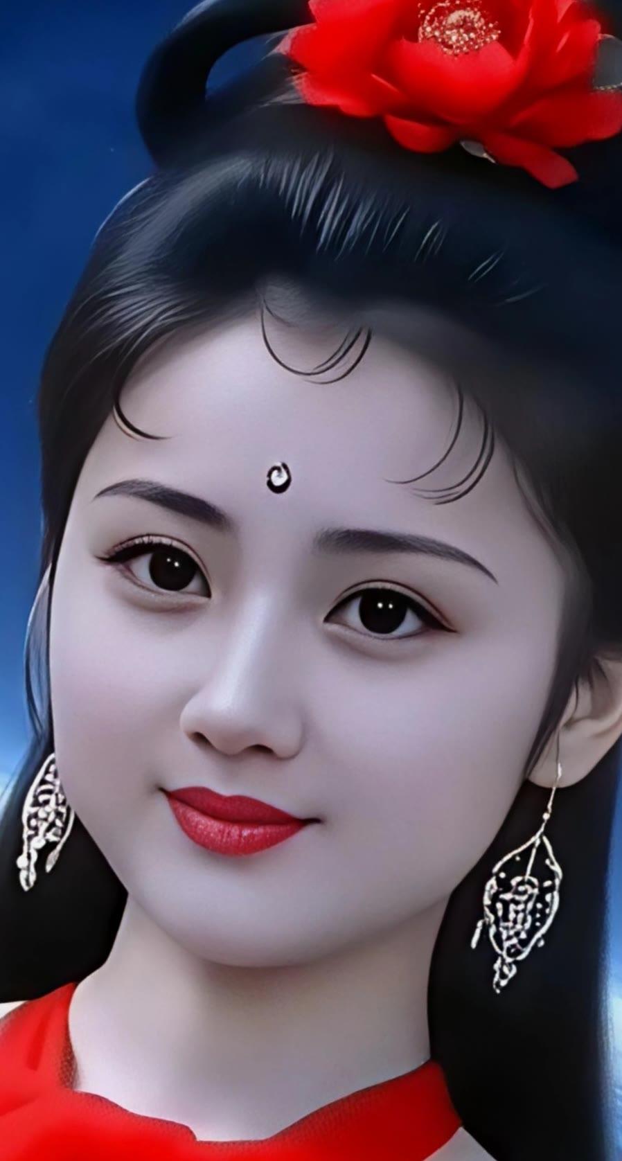 惊艳的东方美人，红衣配花，古典优雅！