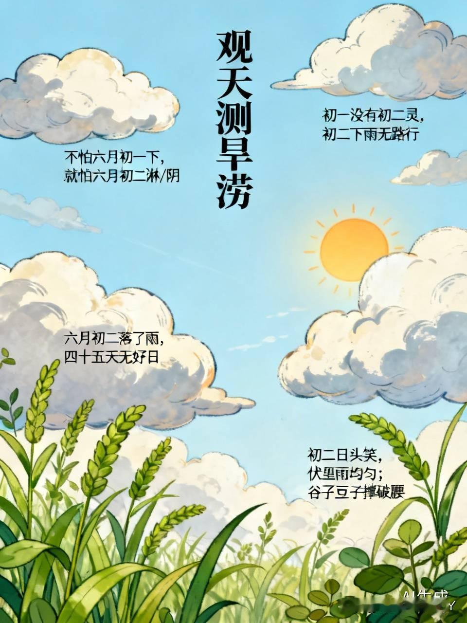 今天是六月初二恰逢入伏民间俗语有。
一、观天测旱涝（流传最广）
不怕六月初一下，