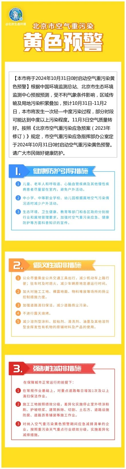 北京10.31~11.2重污染黄色预警「10.30」